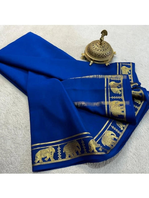 Women's Crepe Chit Pallu Solid Saree With Unstitched Blouse 5.5Mtr (Navy Blue)