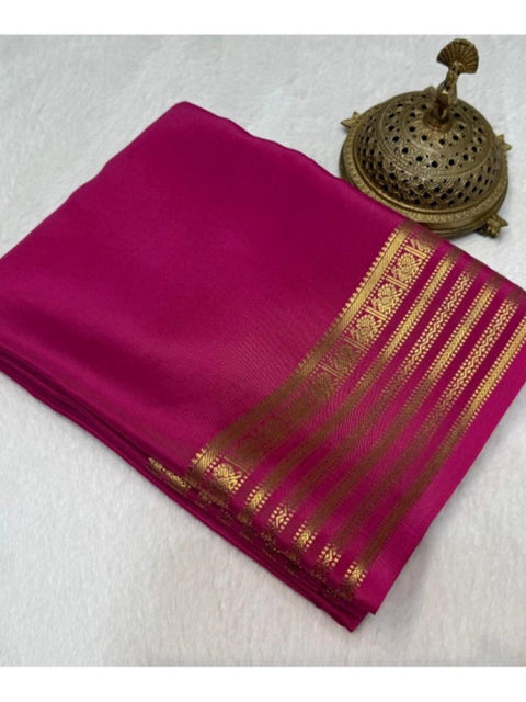 Women's Crepe Chit Pallu Solid Saree With Unstitched Blouse 5.5Mtr (Pink)