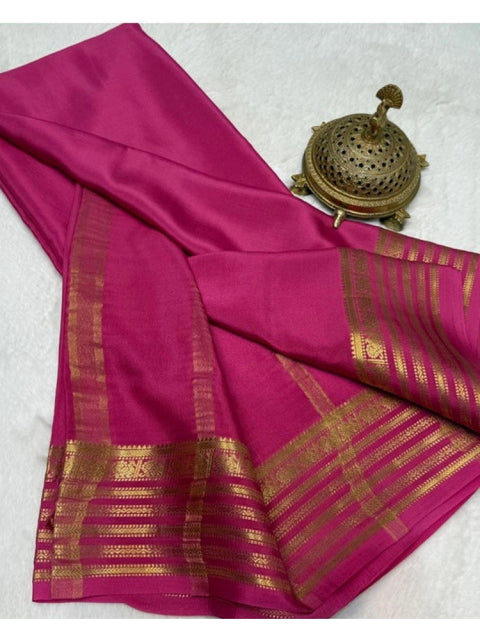 Women's Crepe Chit Pallu Solid Saree With Unstitched Blouse 5.5Mtr (Pink)