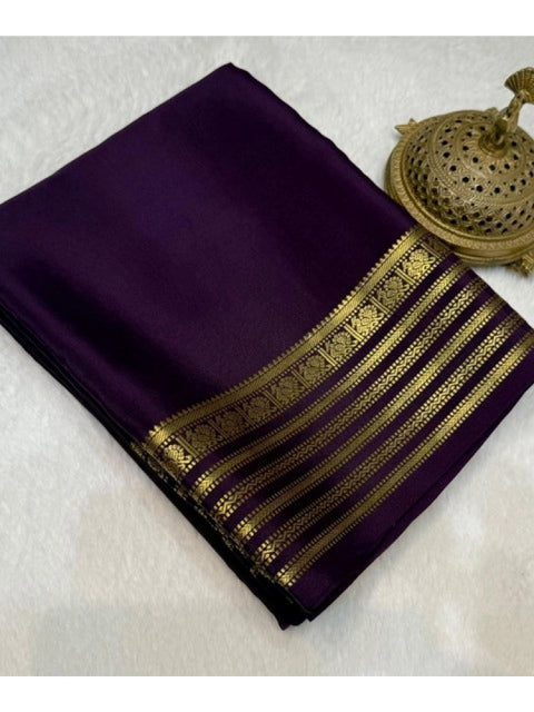 Women's Crepe Chit Pallu Solid Saree With Unstitched Blouse 5.5Mtr (Dark Purple)