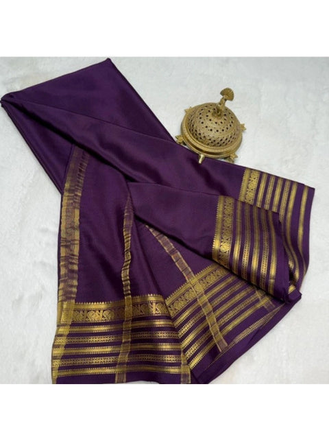 Women's Crepe Chit Pallu Solid Saree With Unstitched Blouse 5.5Mtr (Dark Purple)