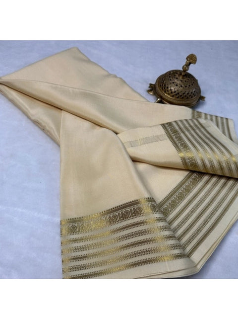 Women's Crepe Chit Pallu Solid Saree With Unstitched Blouse 5.5Mtr (Beige)