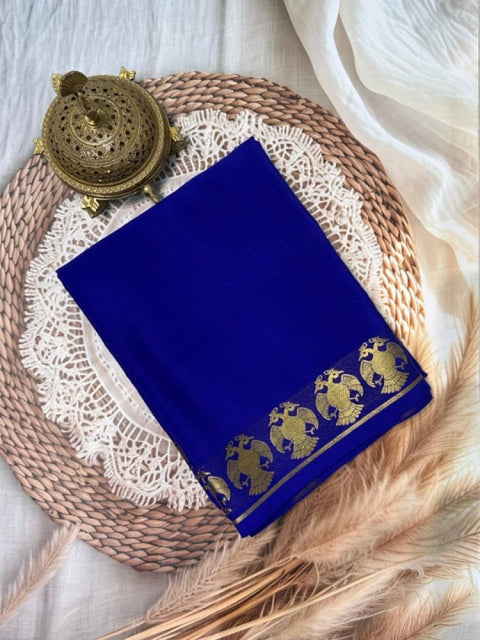 Women's Crepe Chit Pallu Solid Saree With Unstitched Blouse 5.5Mtr (Navy Blue)