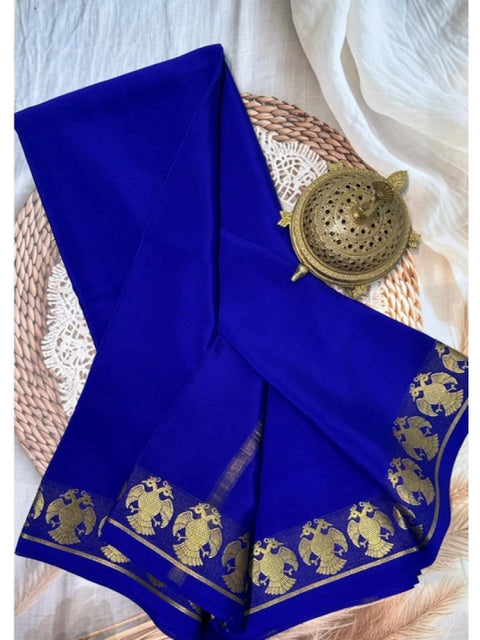 Women's Crepe Chit Pallu Solid Saree With Unstitched Blouse 5.5Mtr (Navy Blue)