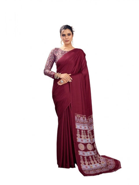 Women's Satin Crepe Printed Saree With Unstitched Blouse 5.5Mtr (Maroon)