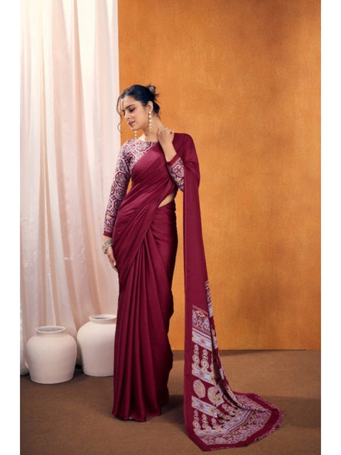 Women's Satin Crepe Printed Saree With Unstitched Blouse 5.5Mtr (Maroon)
