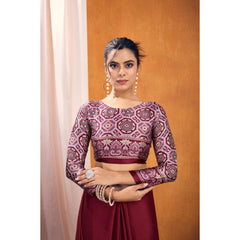Generic Women's Satin Crepe Printed Saree With Unstitched Blouse 5.5Mtr (Maroon)