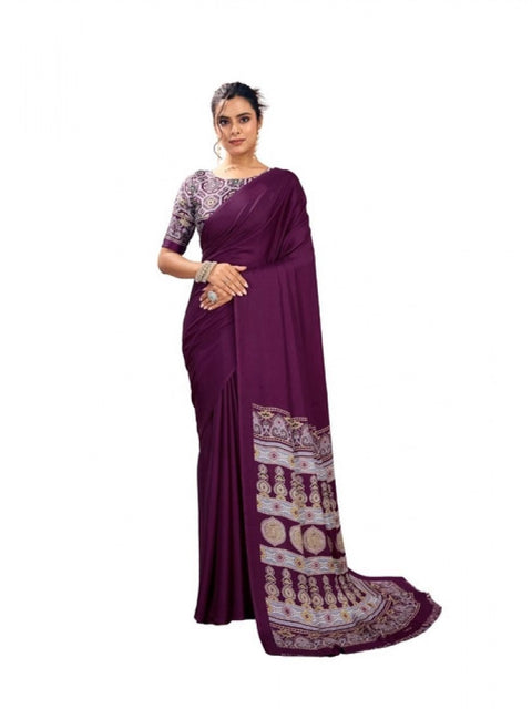 Women's Satin Crepe Printed Saree With Unstitched Blouse 5.5Mtr (Purple)