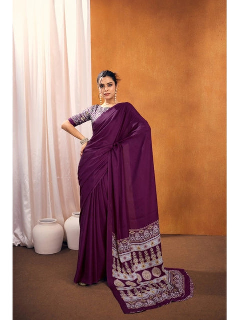 Women's Satin Crepe Printed Saree With Unstitched Blouse 5.5Mtr (Purple)