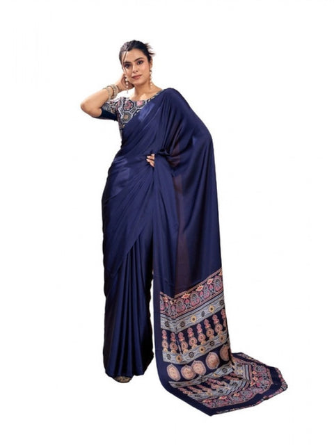 Women's Satin Crepe Printed Saree With Unstitched Blouse 5.5Mtr (Navy Blue)