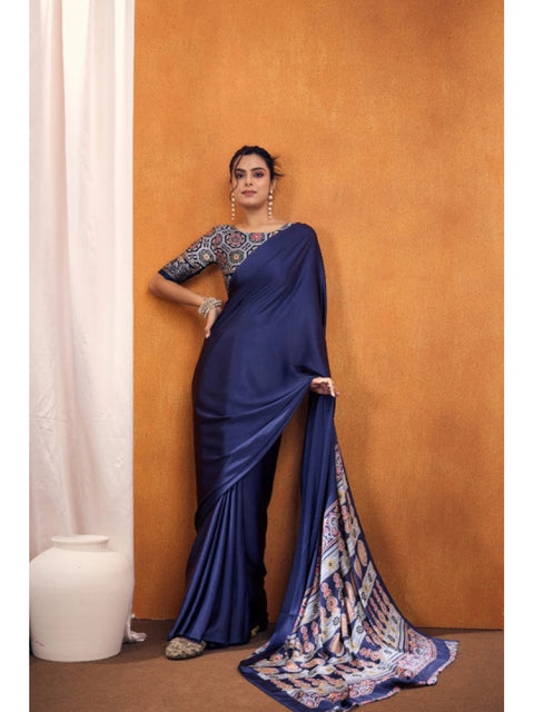 Women's Satin Crepe Printed Saree With Unstitched Blouse 5.5Mtr (Navy Blue)