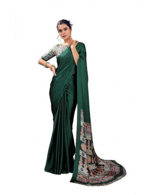 Women's Satin Crepe Printed Saree With Unstitched Blouse 5.5Mtr (Bottle Green)