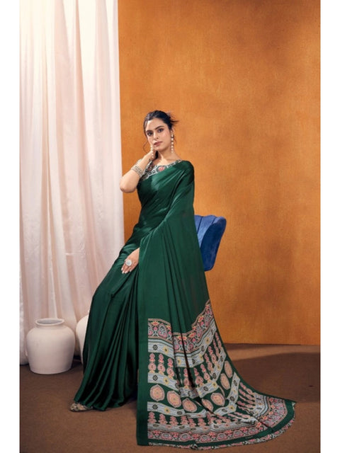 Women's Satin Crepe Printed Saree With Unstitched Blouse 5.5Mtr (Bottle Green)
