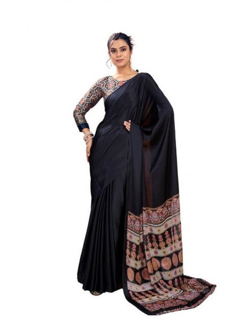 Women's Satin Crepe Printed Saree With Unstitched Blouse 5.5Mtr (Black)