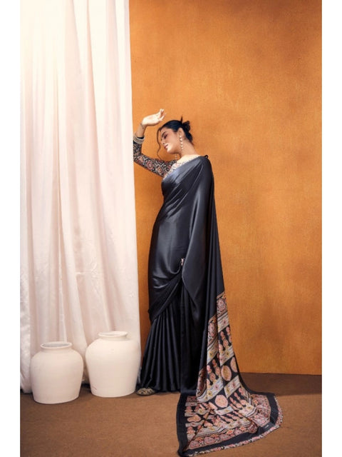 Women's Satin Crepe Printed Saree With Unstitched Blouse 5.5Mtr (Black)