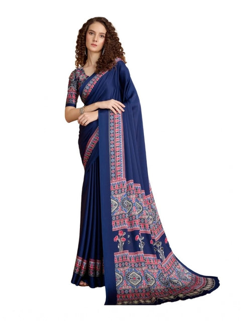Women's Satin Crepe Printed Saree With Unstitched Blouse 5.5Mtr (Navy Blue)