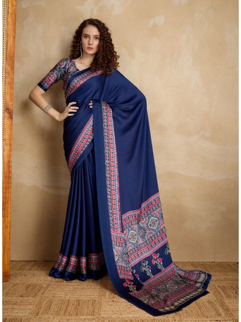 Women's Satin Crepe Printed Saree With Unstitched Blouse 5.5Mtr (Navy Blue)