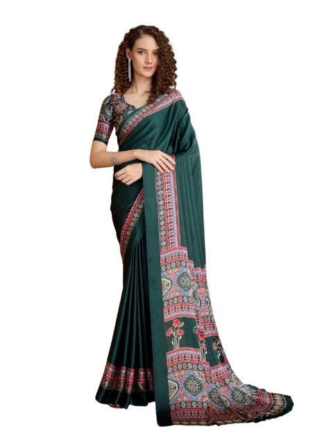 Women's Satin Crepe Printed Saree With Unstitched Blouse 5.5Mtr (Green)