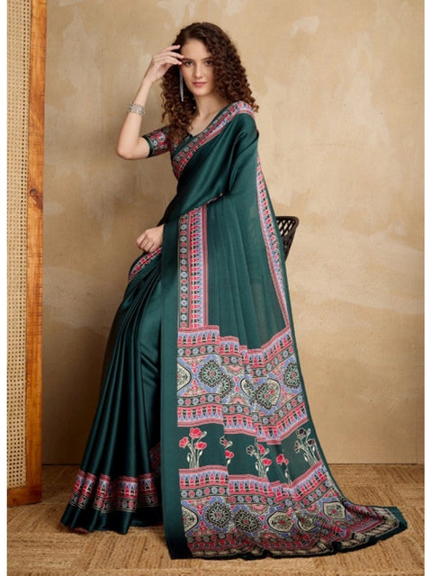 Women's Satin Crepe Printed Saree With Unstitched Blouse 5.5Mtr (Green)