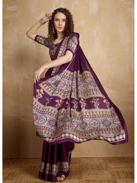Women's Satin Crepe Printed Saree With Unstitched Blouse 5.5Mtr (Purple)