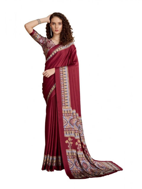 Women's Satin Crepe Printed Saree With Unstitched Blouse 5.5Mtr (Maroon)