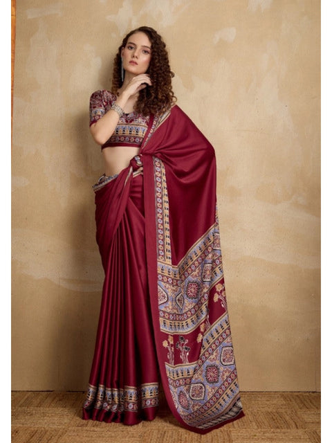 Women's Satin Crepe Printed Saree With Unstitched Blouse 5.5Mtr (Maroon)