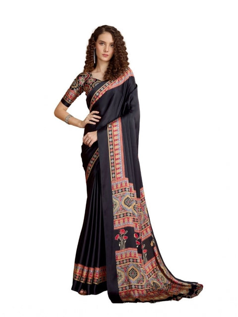 Women's Satin Crepe Printed Saree With Unstitched Blouse 5.5Mtr (Black)