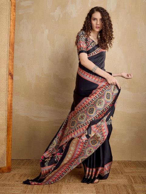 Women's Satin Crepe Printed Saree With Unstitched Blouse 5.5Mtr (Black)
