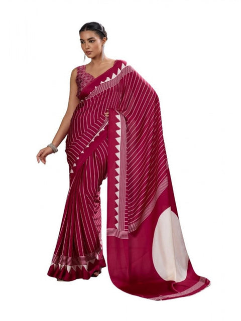 Women's Satin Crepe Printed Saree With Unstitched Blouse 5.5Mtr (Maroon)