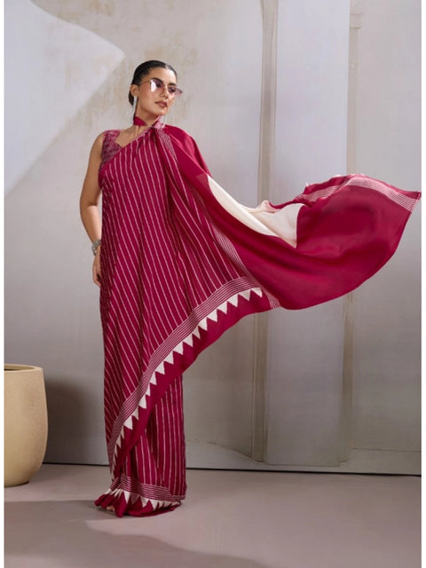 Women's Satin Crepe Printed Saree With Unstitched Blouse 5.5Mtr (Maroon)