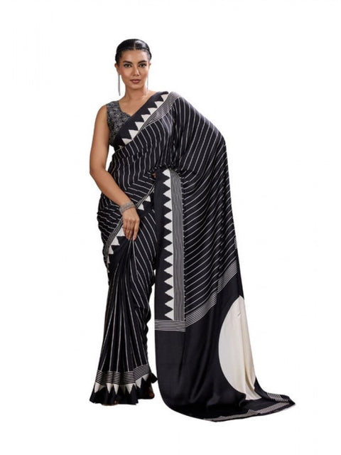 Women's Satin Crepe Printed Saree With Unstitched Blouse 5.5Mtr (Black)