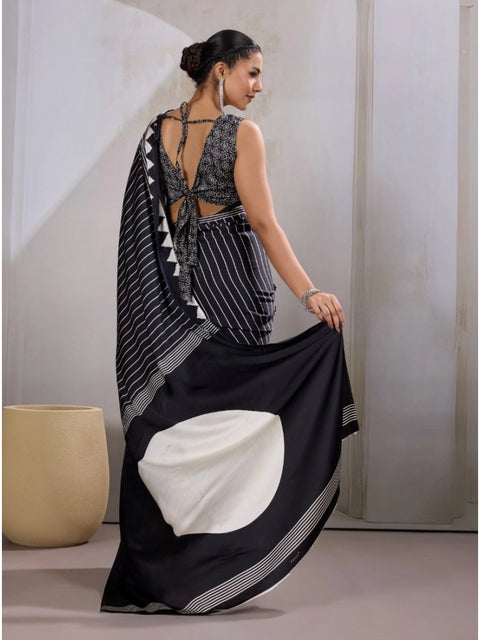 Women's Satin Crepe Printed Saree With Unstitched Blouse 5.5Mtr (Black)
