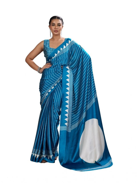 Women's Satin Crepe Printed Saree With Unstitched Blouse 5.5Mtr (Rama Blue)