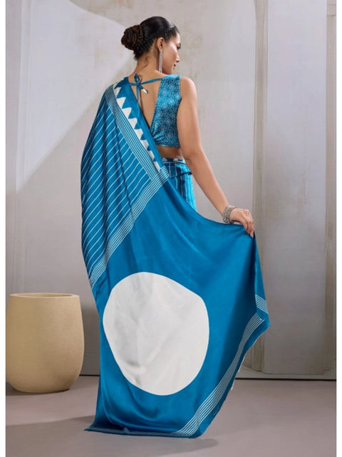 Women's Satin Crepe Printed Saree With Unstitched Blouse 5.5Mtr (Rama Blue)