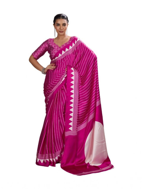 Women's Satin Crepe Printed Saree With Unstitched Blouse 5.5Mtr (Pink)