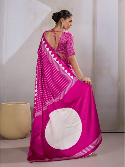 Women's Satin Crepe Printed Saree With Unstitched Blouse 5.5Mtr (Pink)
