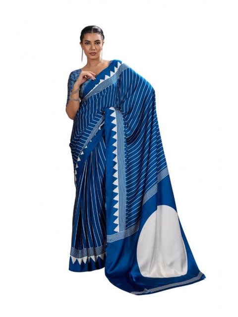 Women's Satin Crepe Printed Saree With Unstitched Blouse 5.5Mtr (Blue)
