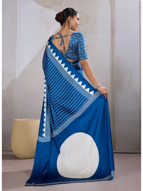 Women's Satin Crepe Printed Saree With Unstitched Blouse 5.5Mtr (Blue)