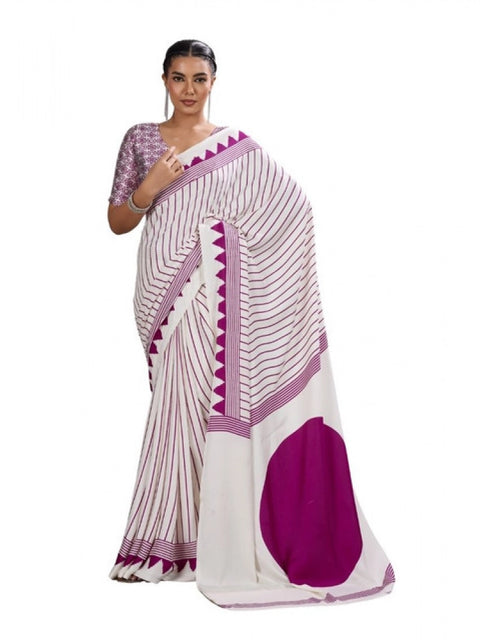 Women's Satin Crepe Printed Saree With Unstitched Blouse 5.5Mtr (White)