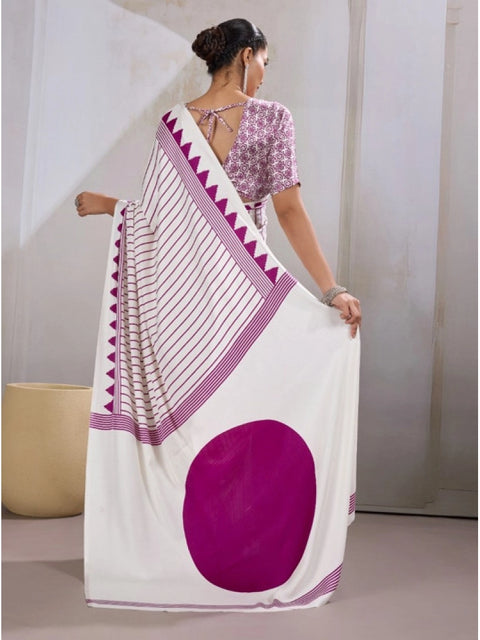 Women's Satin Crepe Printed Saree With Unstitched Blouse 5.5Mtr (White)