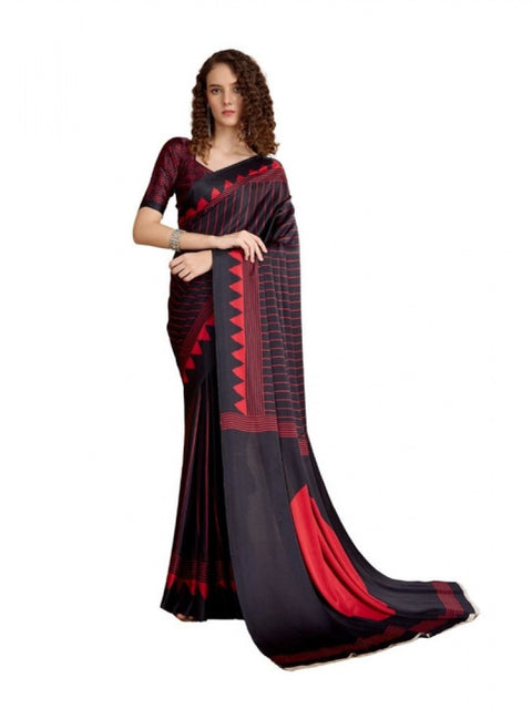 Women's Satin Crepe Printed Saree With Unstitched Blouse 5.5Mtr (Black)