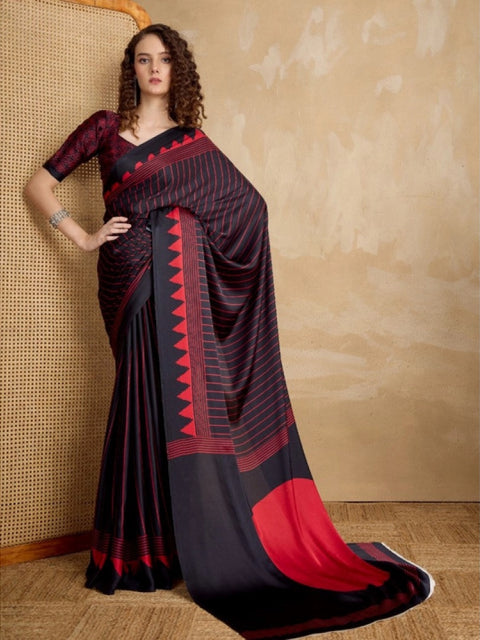 Women's Satin Crepe Printed Saree With Unstitched Blouse 5.5Mtr (Black)