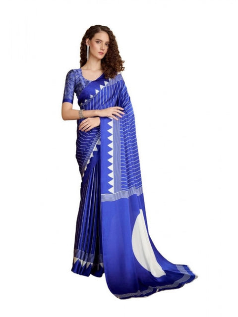 Women's Satin Crepe Printed Saree With Unstitched Blouse 5.5Mtr (Navy Blue)