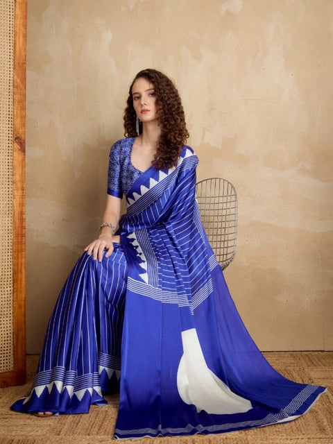 Women's Satin Crepe Printed Saree With Unstitched Blouse 5.5Mtr (Navy Blue)