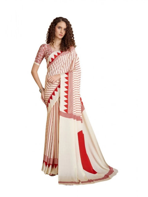 Women's Satin Crepe Printed Saree With Unstitched Blouse 5.5Mtr (Off White)