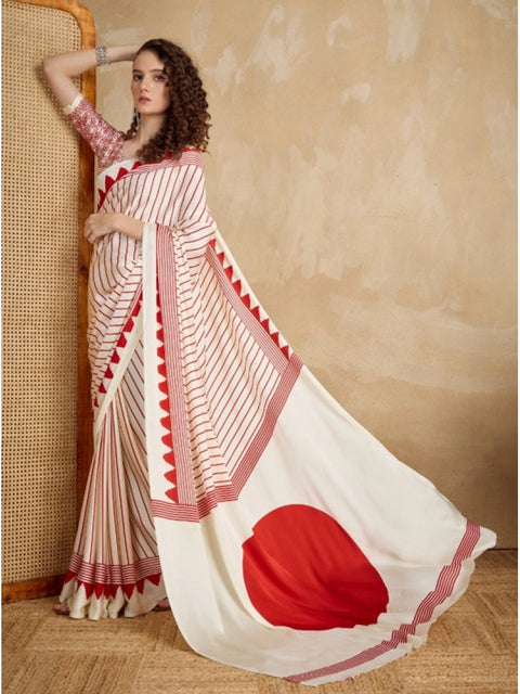 Women's Satin Crepe Printed Saree With Unstitched Blouse 5.5Mtr (Off White)