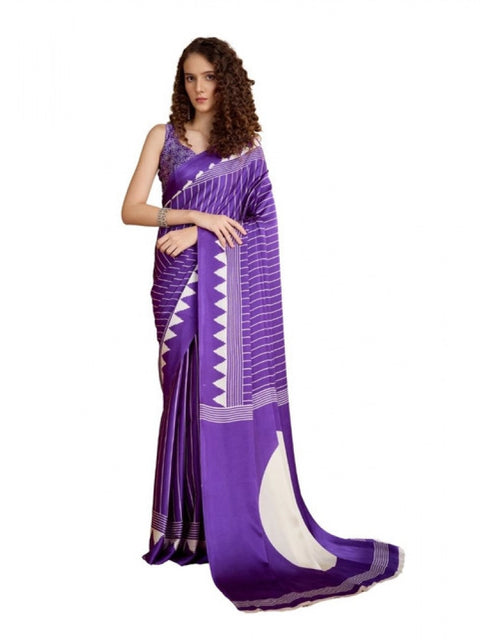 Women's Satin Crepe Printed Saree With Unstitched Blouse 5.5Mtr (Lavender)