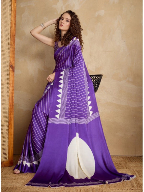 Women's Satin Crepe Printed Saree With Unstitched Blouse 5.5Mtr (Lavender)