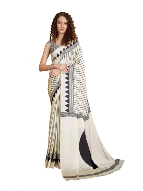 Women's Satin Crepe Printed Saree With Unstitched Blouse 5.5Mtr (White)