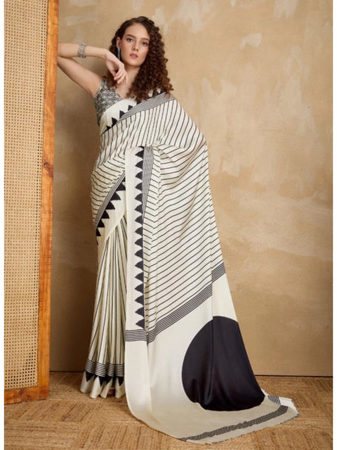 Women's Satin Crepe Printed Saree With Unstitched Blouse 5.5Mtr (White)